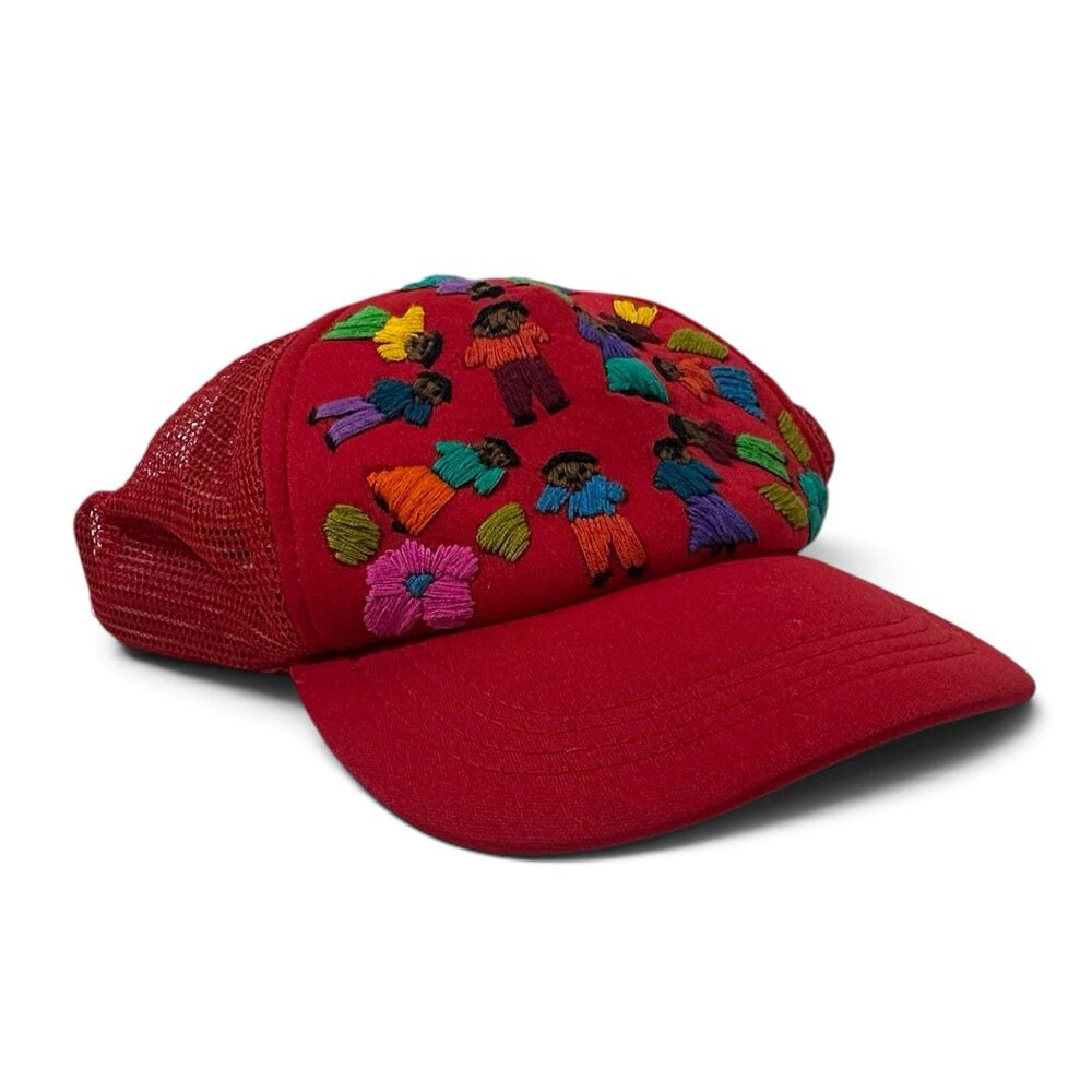 Lumily Tulum Hand Embroidered Trucker Hat Red People Flower Folk Art Mexico Cap